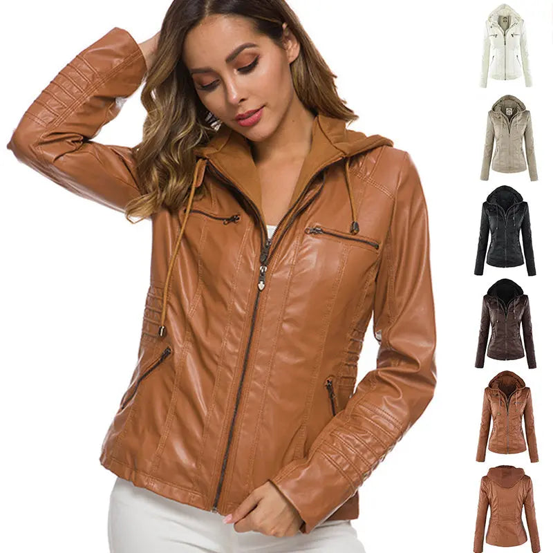 Fashion Detachable Hooded Jacket With Pockets Casual Solid Color Zipper Long Sleeve Leather Coat Autumn Winter Women's Clothing Snap Seasons™