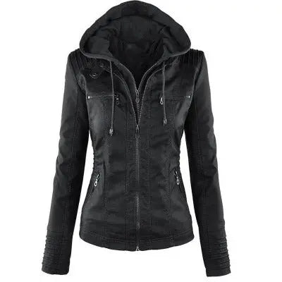 Fashion Detachable Hooded Jacket With Pockets Casual Solid Color Zipper Long Sleeve Leather Coat Autumn Winter Women's Clothing Snap Seasons™
