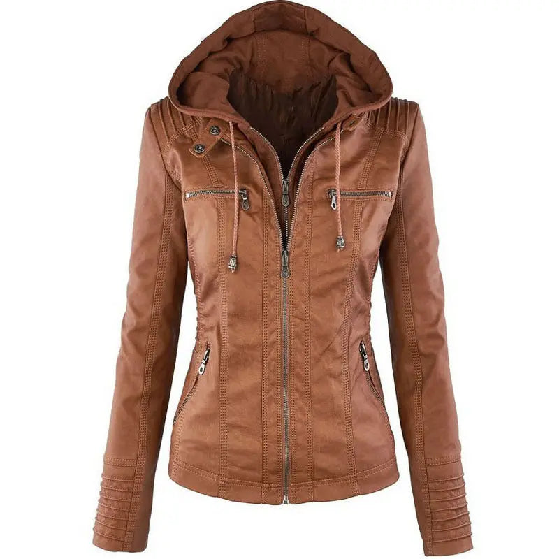 Fashion Detachable Hooded Jacket With Pockets Casual Solid Color Zipper Long Sleeve Leather Coat Autumn Winter Women's Clothing Snap Seasons™