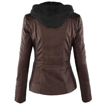 Fashion Detachable Hooded Jacket With Pockets Casual Solid Color Zipper Long Sleeve Leather Coat Autumn Winter Women's Clothing Snap Seasons™