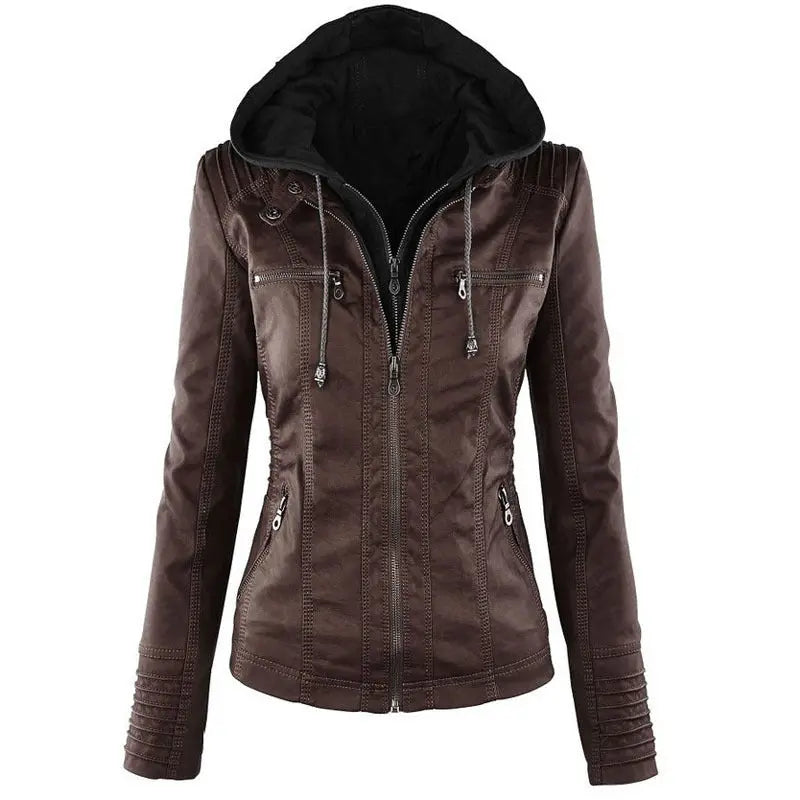 Fashion Detachable Hooded Jacket With Pockets Casual Solid Color Zipper Long Sleeve Leather Coat Autumn Winter Women's Clothing Snap Seasons™