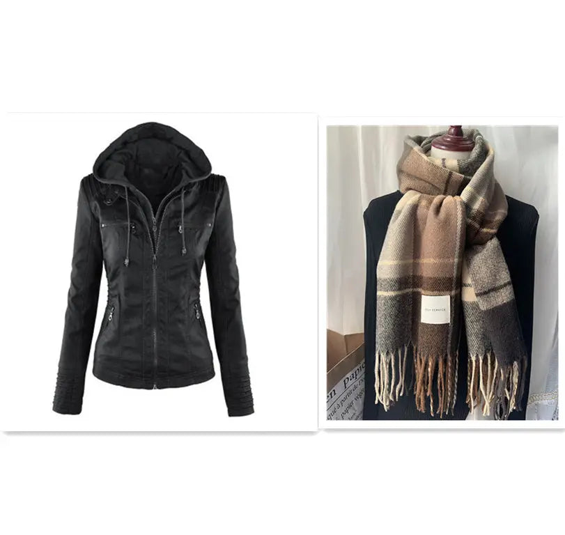 Fashion Detachable Hooded Jacket With Pockets Casual Solid Color Zipper Long Sleeve Leather Coat Autumn Winter Women's Clothing Snap Seasons™