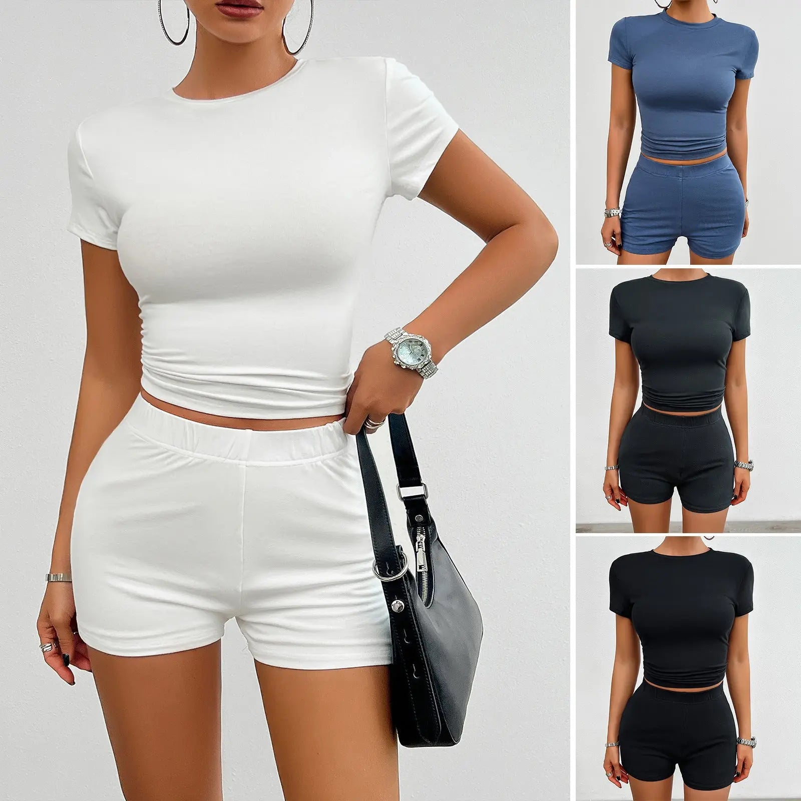 Solid Color Slim Sports Suit Summer 2Pcs Short-sleeved Round Neck T-shirt And Elastic Shorts Fashion Womens Clothing Snap Seasons™