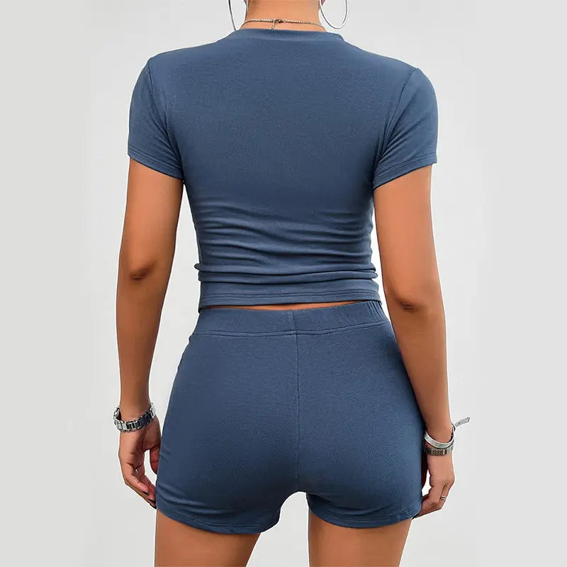 Solid Color Slim Sports Suit Summer 2Pcs Short-sleeved Round Neck T-shirt And Elastic Shorts Fashion Womens Clothing Snap Seasons™